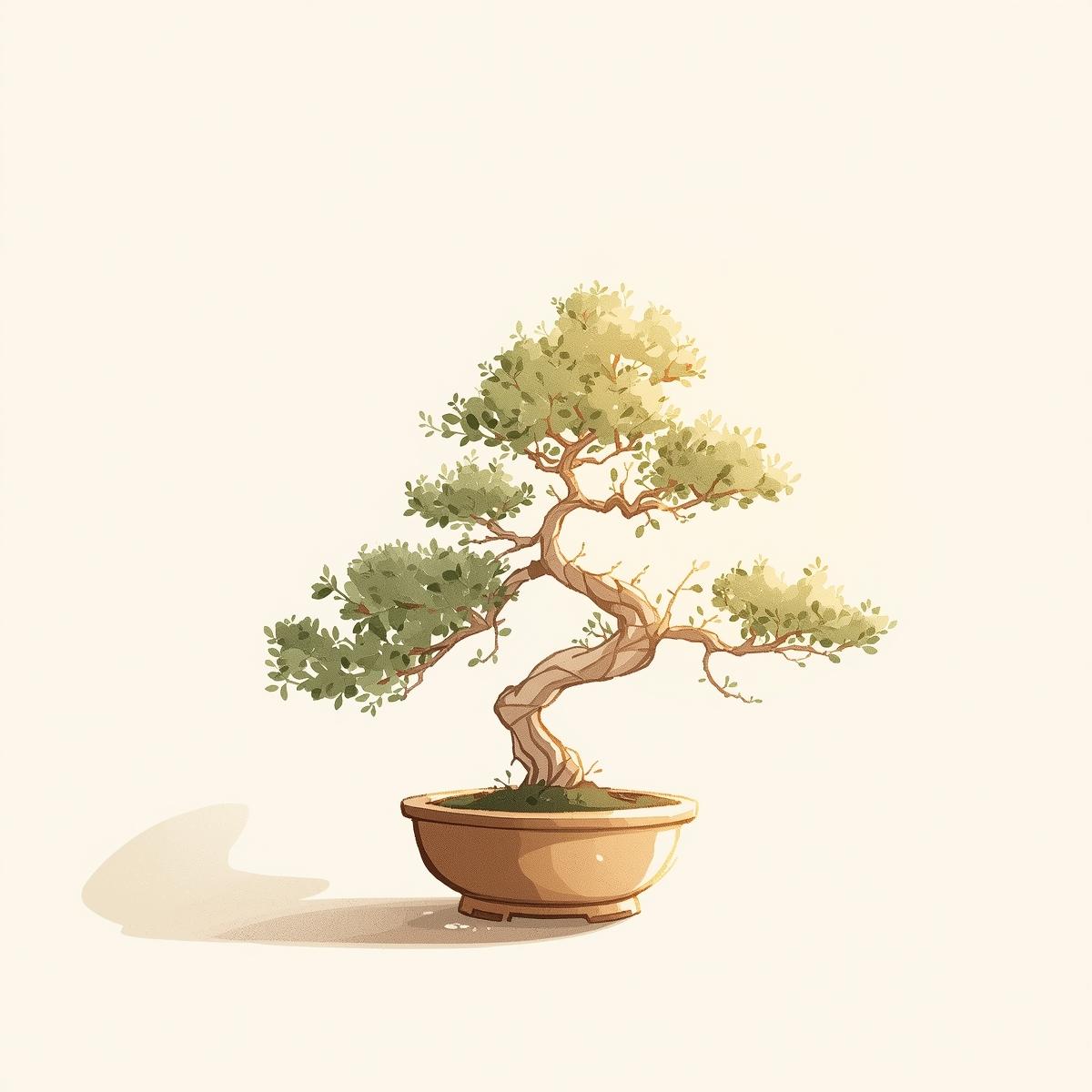 Ilustração minimalista de um bonsai em linhas orgânicas.